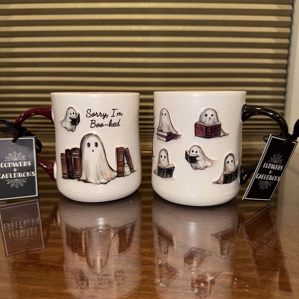 👻 New Cobwebs & Cauldrons “Sorry, I’m Boo-ked” Ghost Halloween Mug 👻 Set of 2